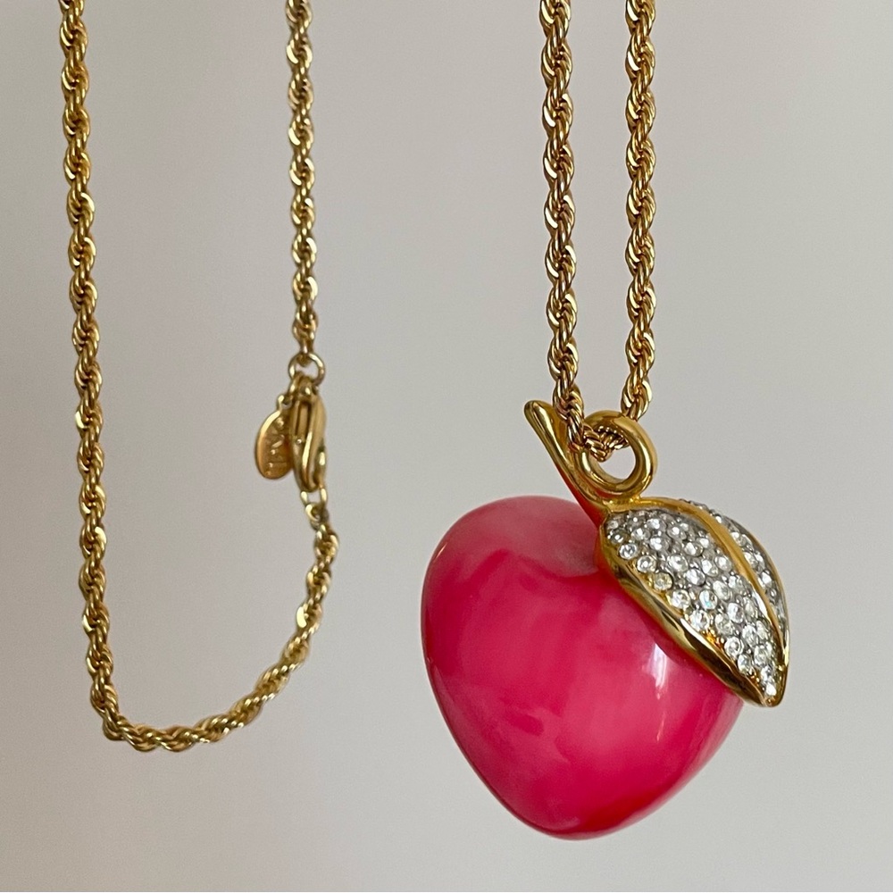KENNETH JAY LANE Apple Pendant Gold Tone & Crystal KJL Signed Designer Necklace